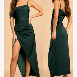 LULU'S  L Showing Off a Little Dark Green Asymmetrical Tulip Midi Dress NEW B149